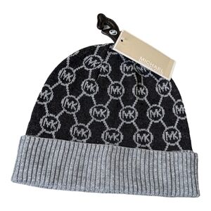 Michael Michael Kors Logo Print Cuffed Beanie Silver Gray Black